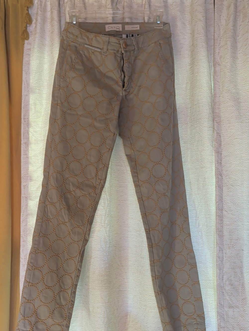Anthropologie Slim Fit Pants in Beige with Circle Print